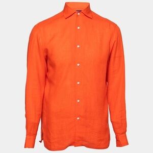 Ralph Lauren Purple Label Orange 100% Linen Long Sleeve Shirt Size Large L Men’s